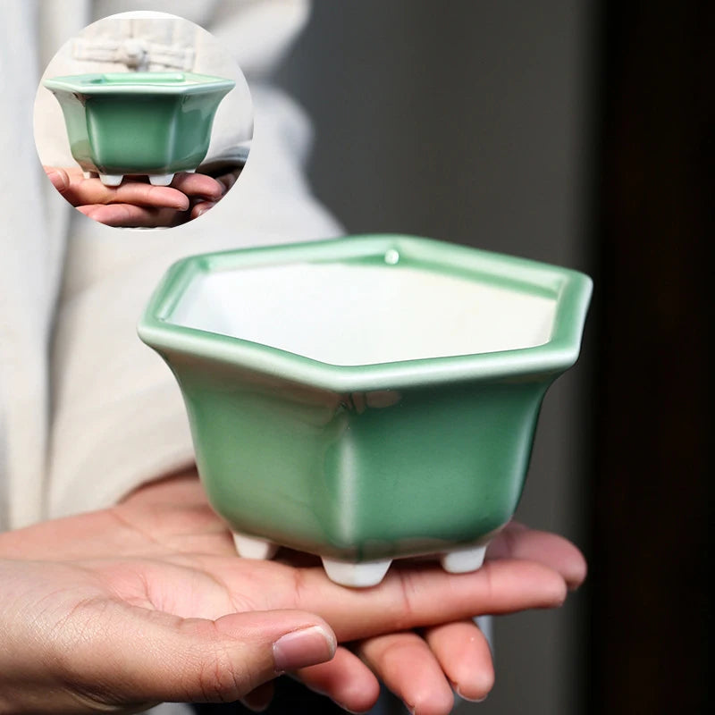 Hexagonal Glazed Ceramic Bonsai Pot