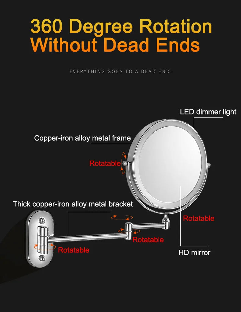 Golden Wall Mounted Folding Vanity Mirror, Double Sided with Fill Light