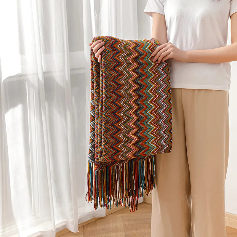 Boho Striped Knit Throw Blanket