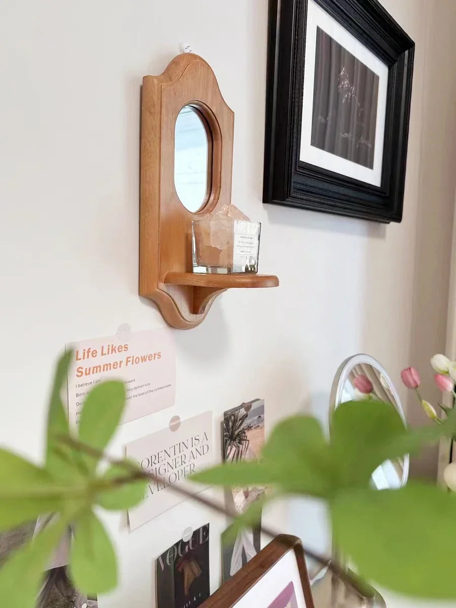 Vintage Solid Wood Wall Mirror with Shelf and Candlestick