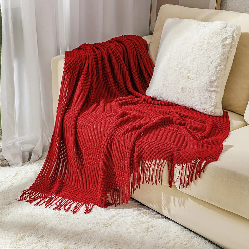 Khaki Gift Knitted Blanket with Tassels Chunky Vintage Luxury
