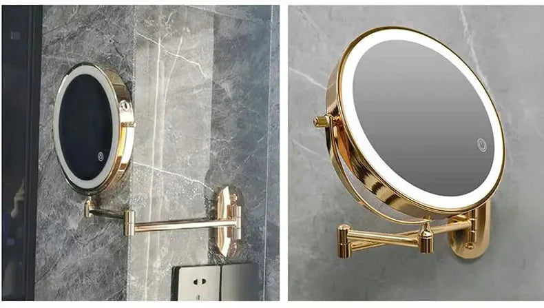 Golden Wall Mounted Folding Vanity Mirror, Double Sided with Fill Light