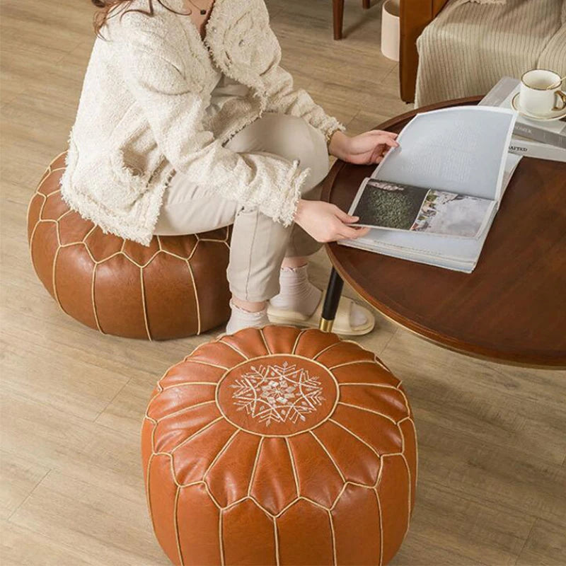 Embroidered Moroccan Leather Pouf Cover