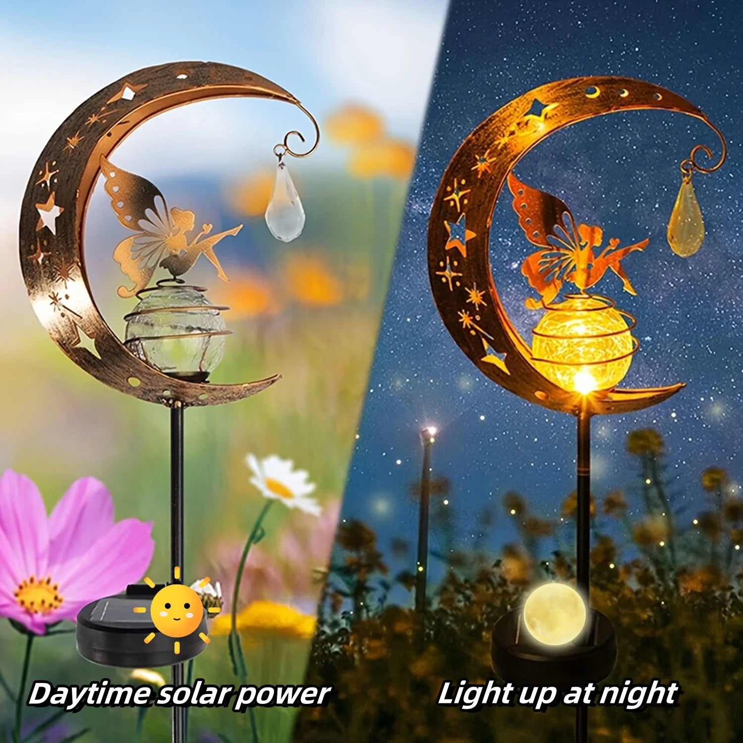 1pc Moon-Shaped Solar-Powered Metal Fairy Lantern - Waterproof LED