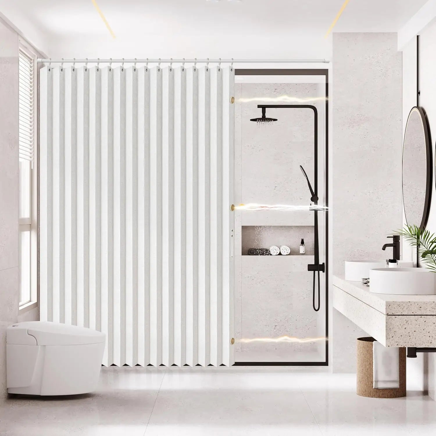 Magnetic Folding Shower Curtain, Waterproof and Space Saving