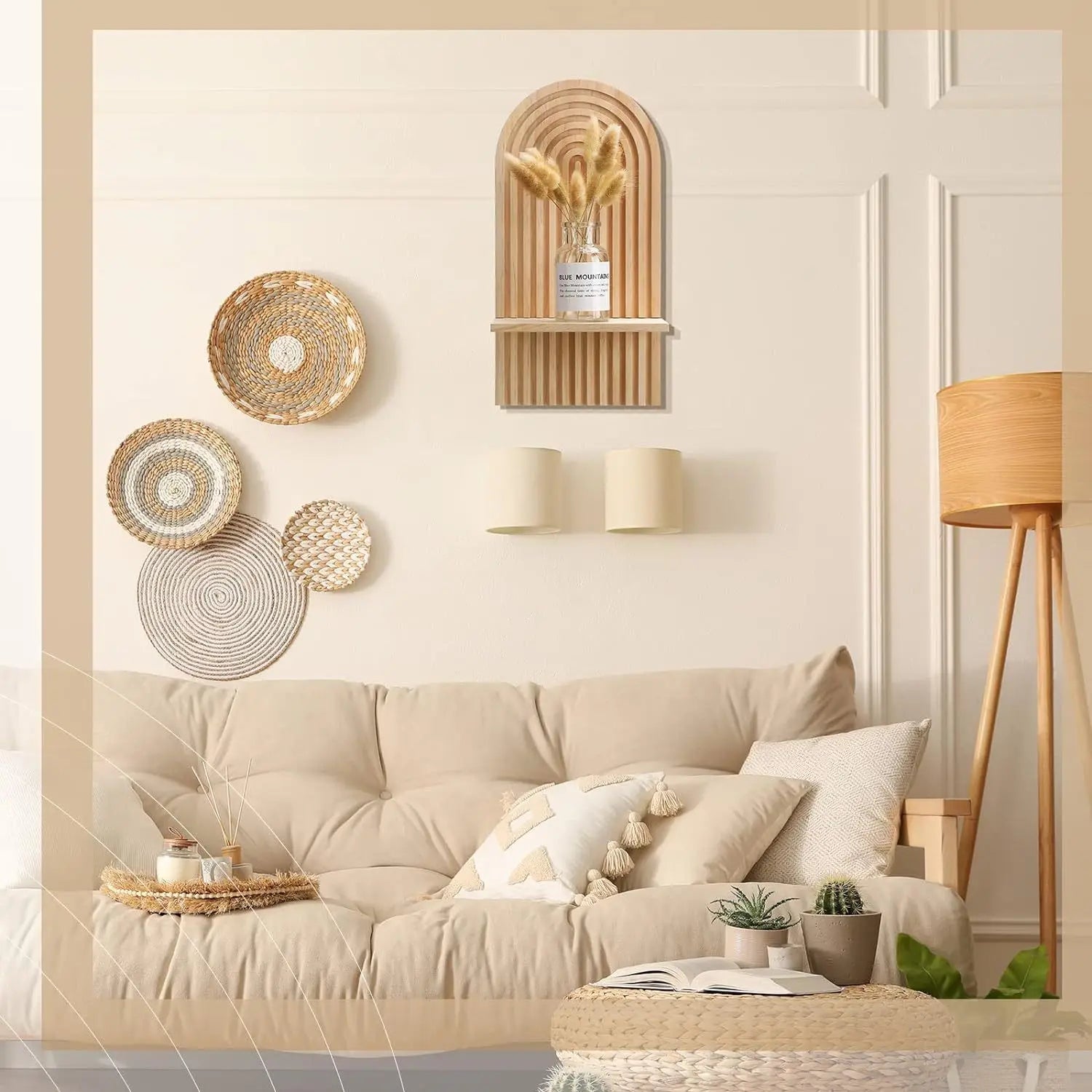 Boho Wooden Floating Wall Shelf