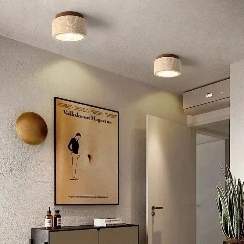 Travertine Wood Round Ceiling Light