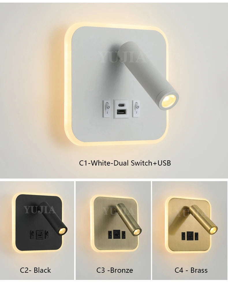 Modern Led Wall Sconce Reading Light 2 Switches Type-A & Type-C USB