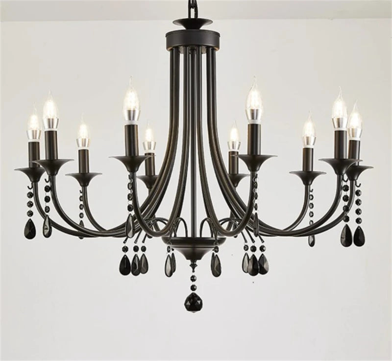 New Wrought Iron Crystal Chandelier European Classic Black Candle Lamp