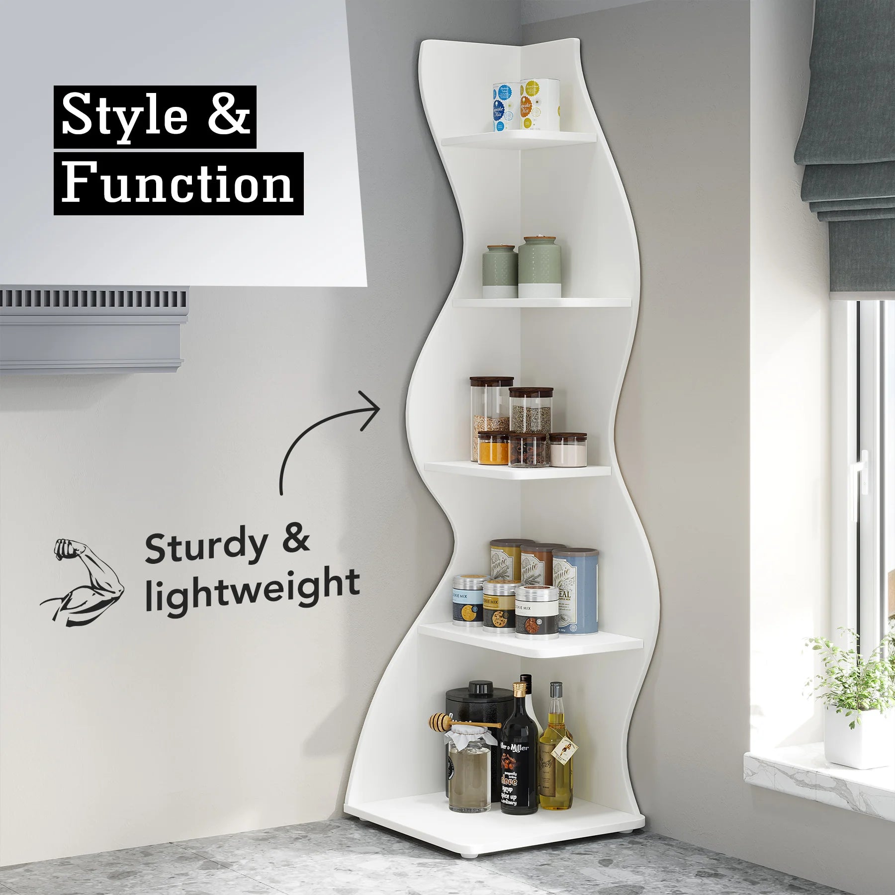 Five Tier Wavy Corner Bookshelf