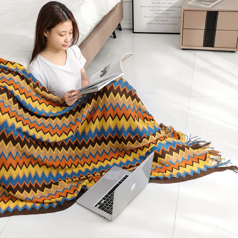 Boho Striped Knit Throw Blanket