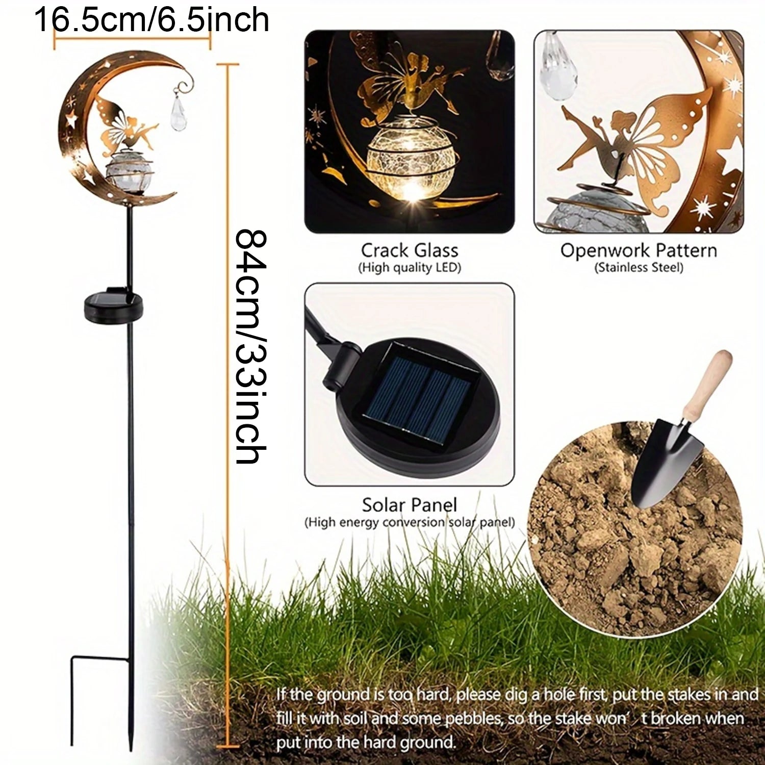 1pc Moon-Shaped Solar-Powered Metal Fairy Lantern - Waterproof LED