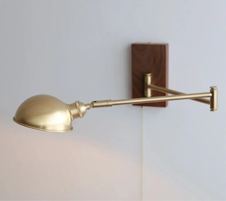 IWHD Walnut Ash Wood Canopy LED Wall Light Fixtures Pull Chain Switch Copper Arm Left Right Rotate Bedroom Beside Lamp Sconce