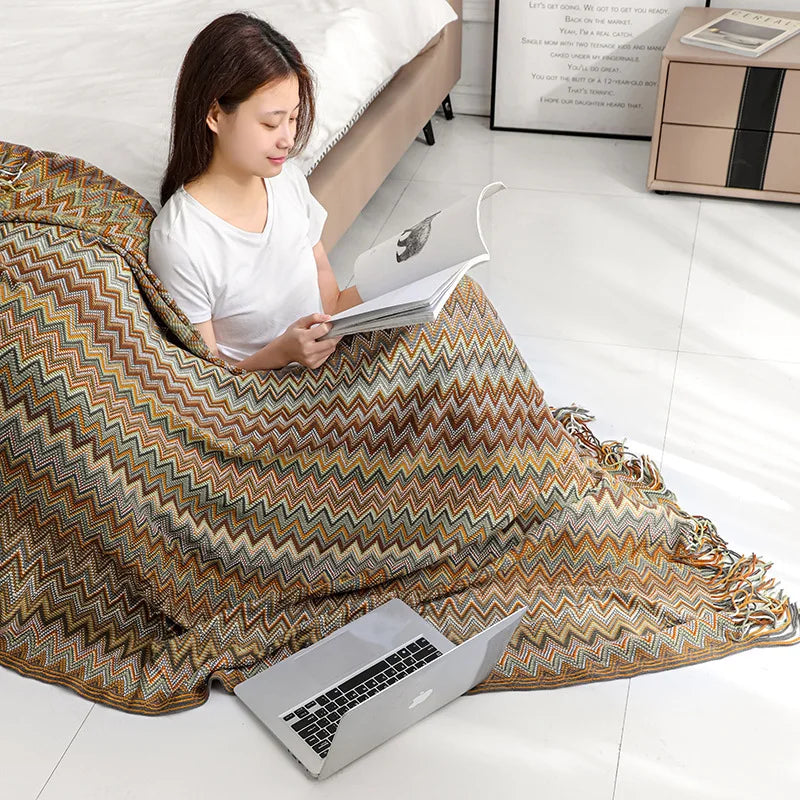 Boho Striped Knit Throw Blanket