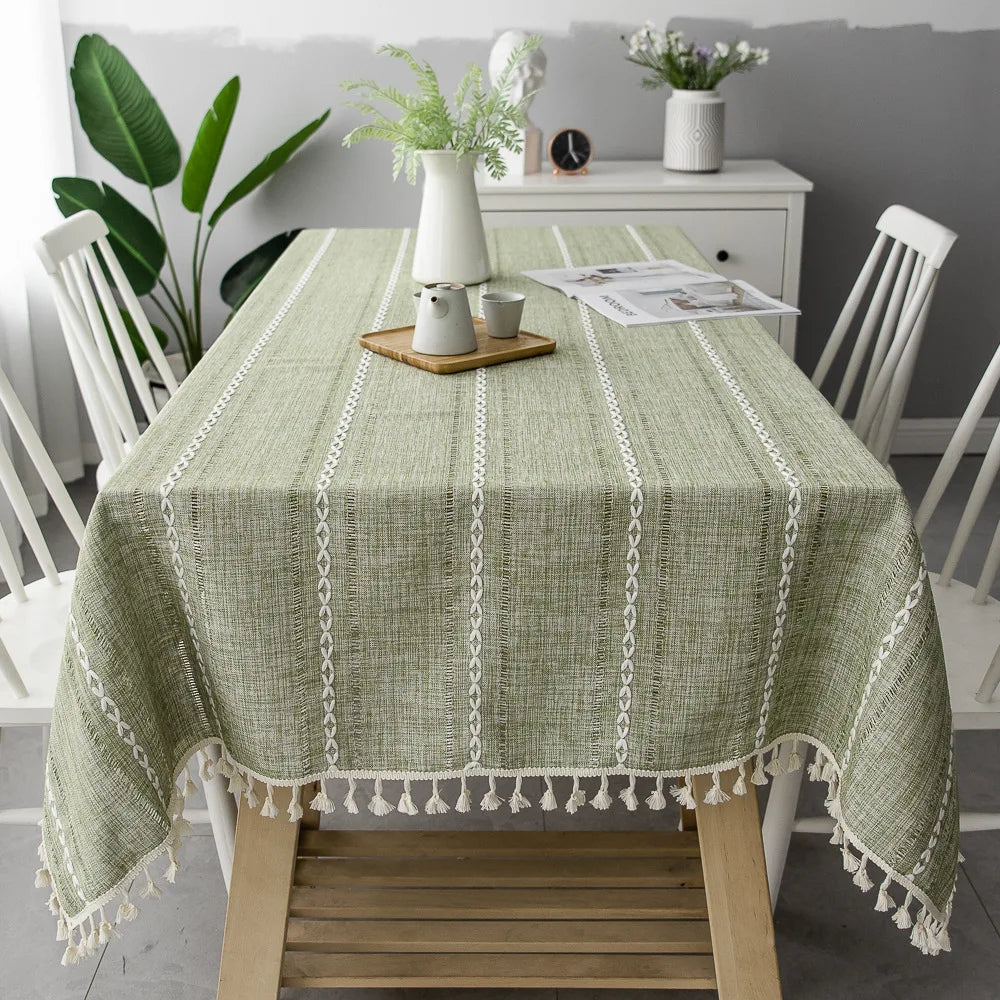 Cotton Linen Stripe Tassel Tablecloth Stain Resistant Dust-Proof Table
