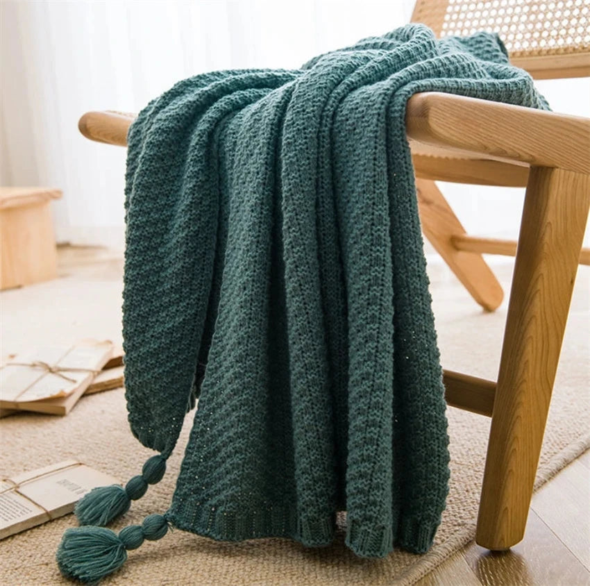 Nordic Chunky Knit Bedspread Knitted Throw Blanket with Tassel