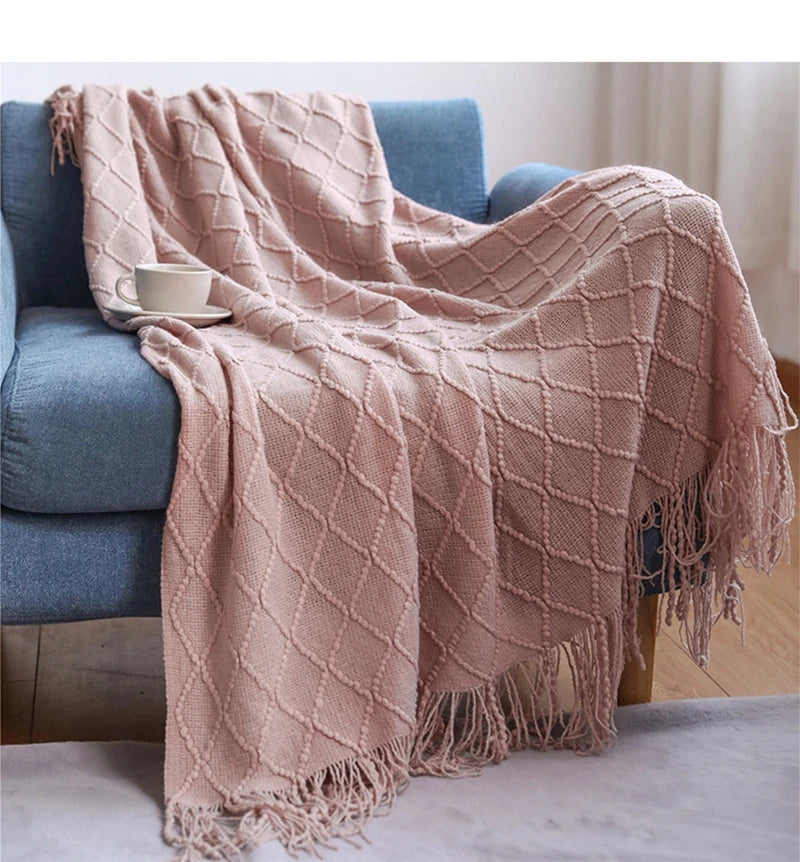 Khaki Gift Knitted Blanket with Tassels Chunky Vintage Luxury