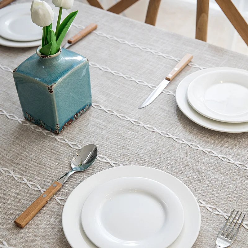 Cotton Linen Stripe Tassel Tablecloth Stain Resistant Dust-Proof Table