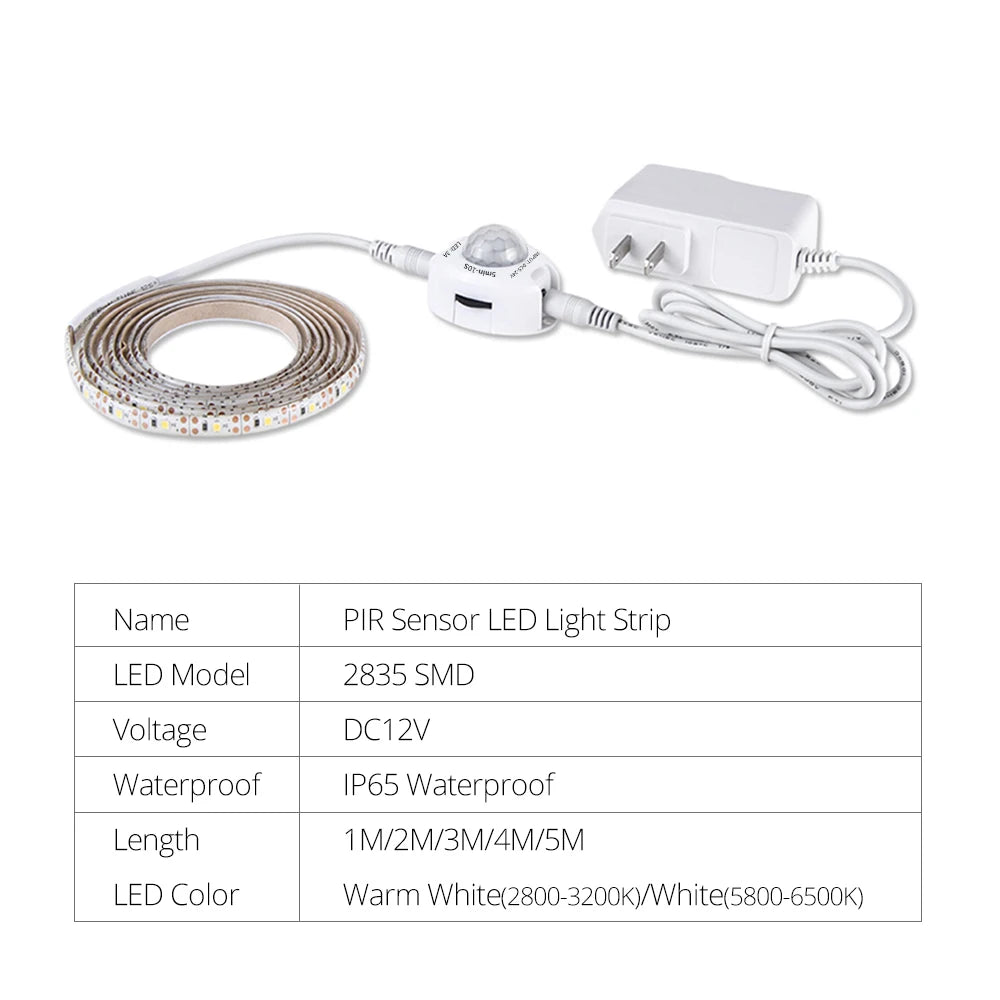 1-5m PIR Motion Sensor LED Strip Lights IP65 Waterproof DC 12V Diode