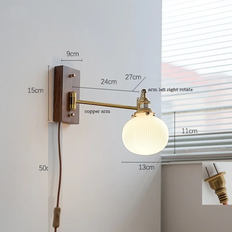 IWHD Walnut Ash Wood Canopy LED Wall Light Fixtures Pull Chain Switch Copper Arm Left Right Rotate Bedroom Beside Lamp Sconce