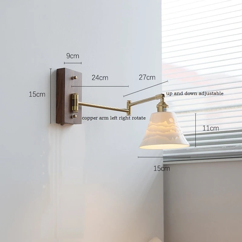 IWHD Walnut Ash Wood Canopy LED Wall Light Fixtures Pull Chain Switch Copper Arm Left Right Rotate Bedroom Beside Lamp Sconce