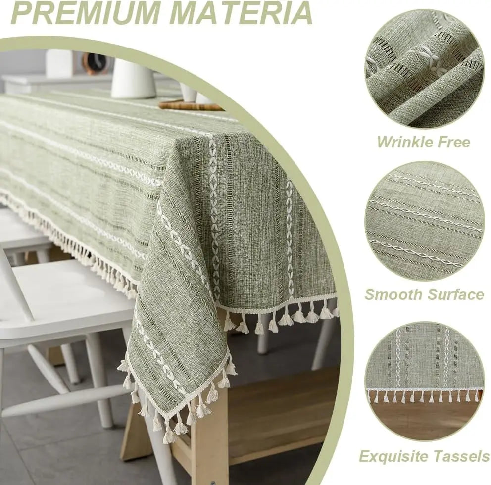 Cotton Linen Stripe Tassel Tablecloth Stain Resistant Dust-Proof Table