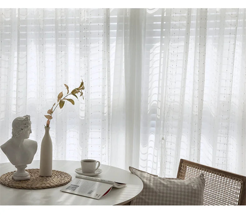 White Jacquard Window Screens Stripe Embroidered Curtains Tulle