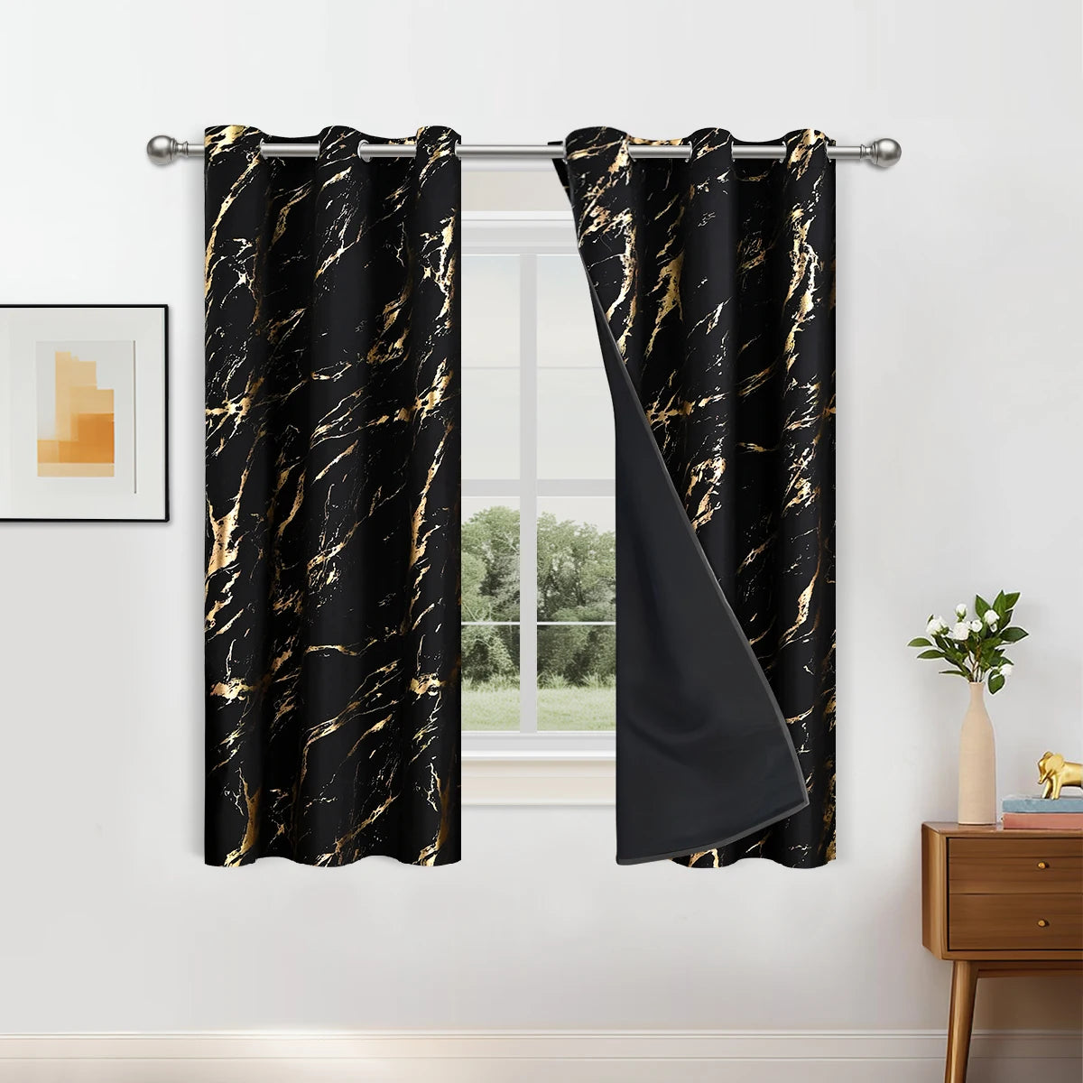 100% Blackout Curtains Luxury Marble Pattern Curtain With Gold Foil