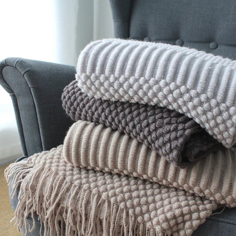 Khaki Gift Knitted Blanket with Tassels Chunky Vintage Luxury