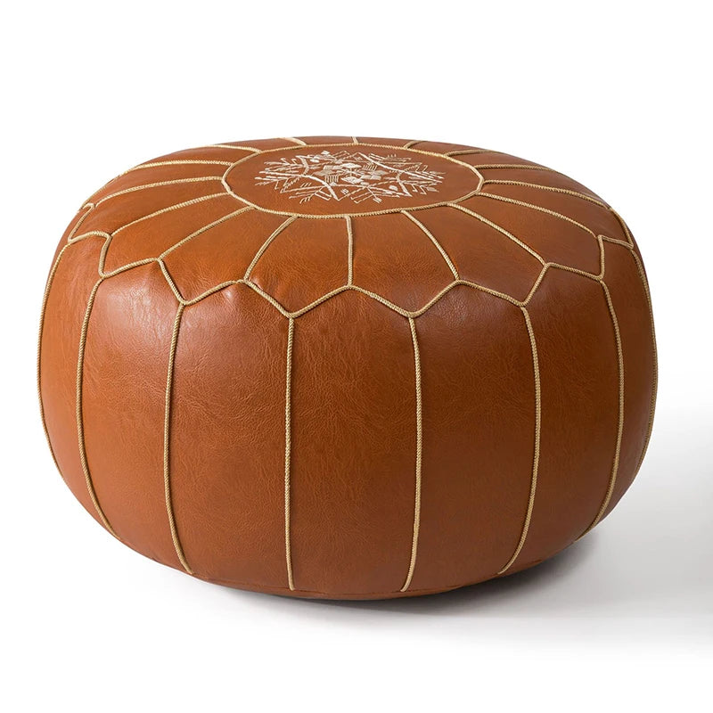 Embroidered Moroccan Leather Pouf Cover