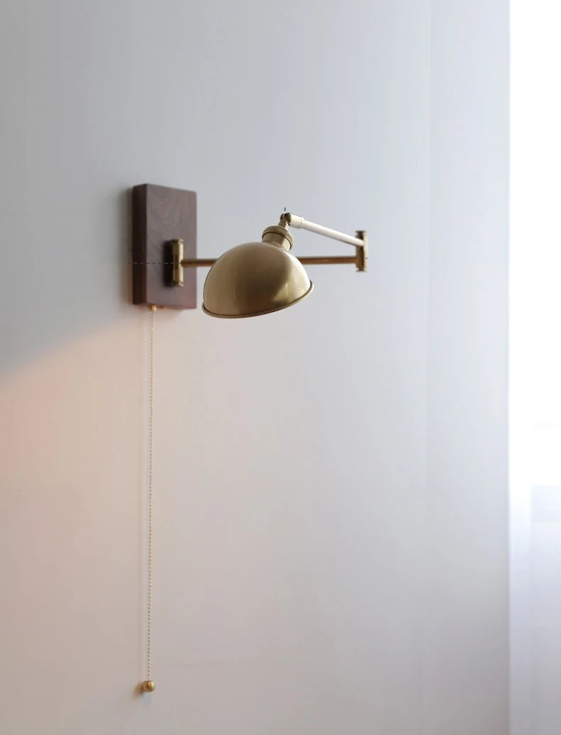 IWHD Walnut Ash Wood Canopy LED Wall Light Fixtures Pull Chain Switch Copper Arm Left Right Rotate Bedroom Beside Lamp Sconce