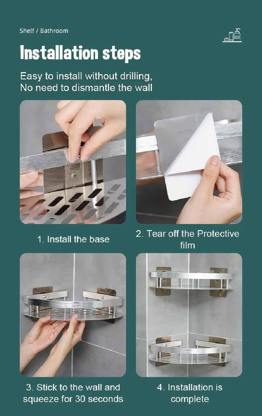 No-Drill Aluminum Corner Shower Shelf, Set of 3