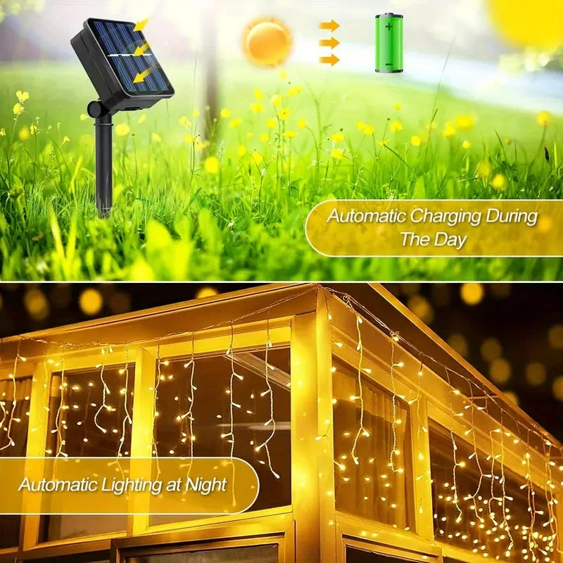 NEW Solar Christmas Icicle Lights 162 LED 8 Modes Waterproof Curtain String Lights for Outdoor Garden Room Holiday Lighting