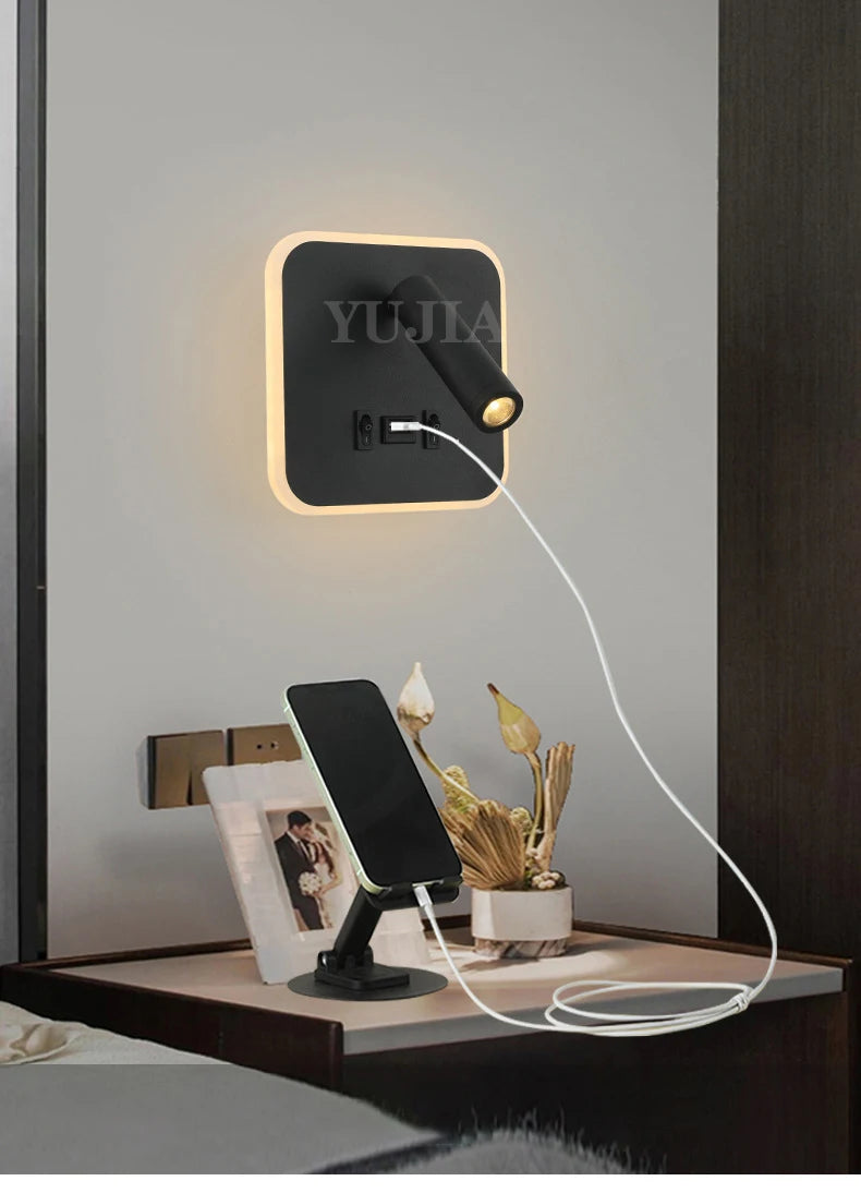 Modern Led Wall Sconce Reading Light 2 Switches Type-A & Type-C USB