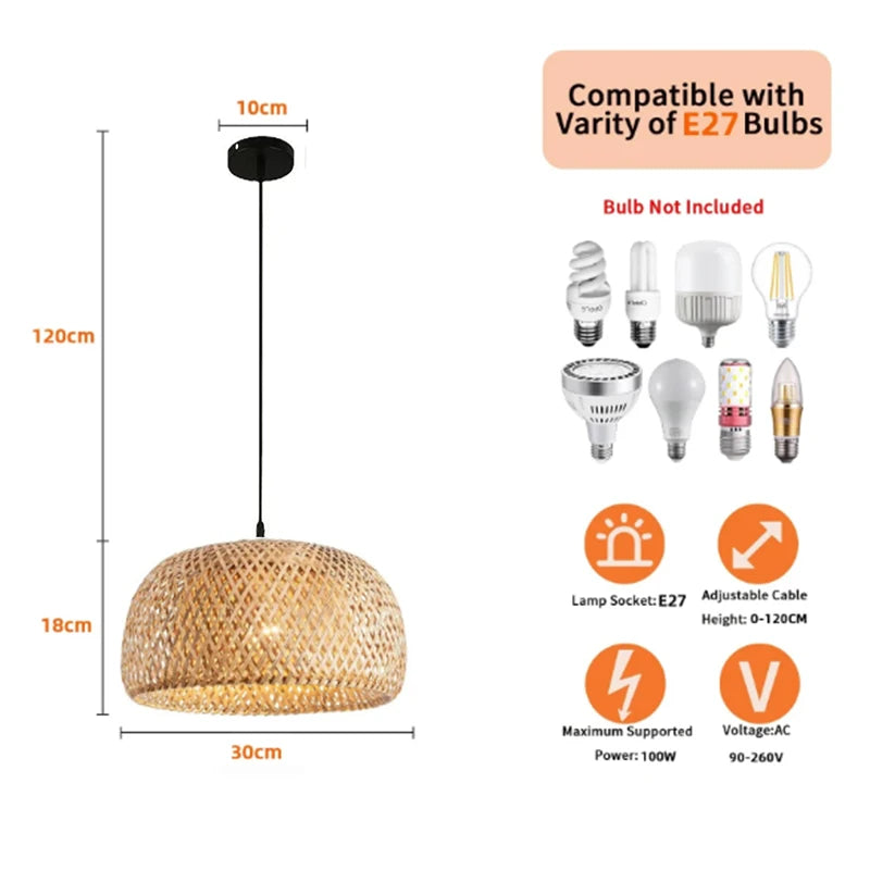 Bamboo Rattan Wicker E27 Pendant Light