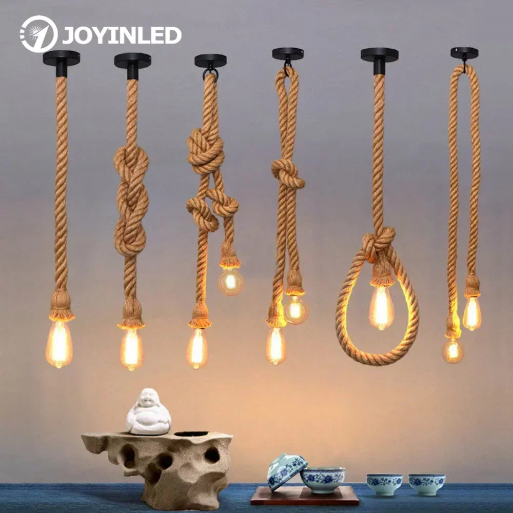 Industrial E27 Vintage Hemp Rope Pendant Lights Attic Personality