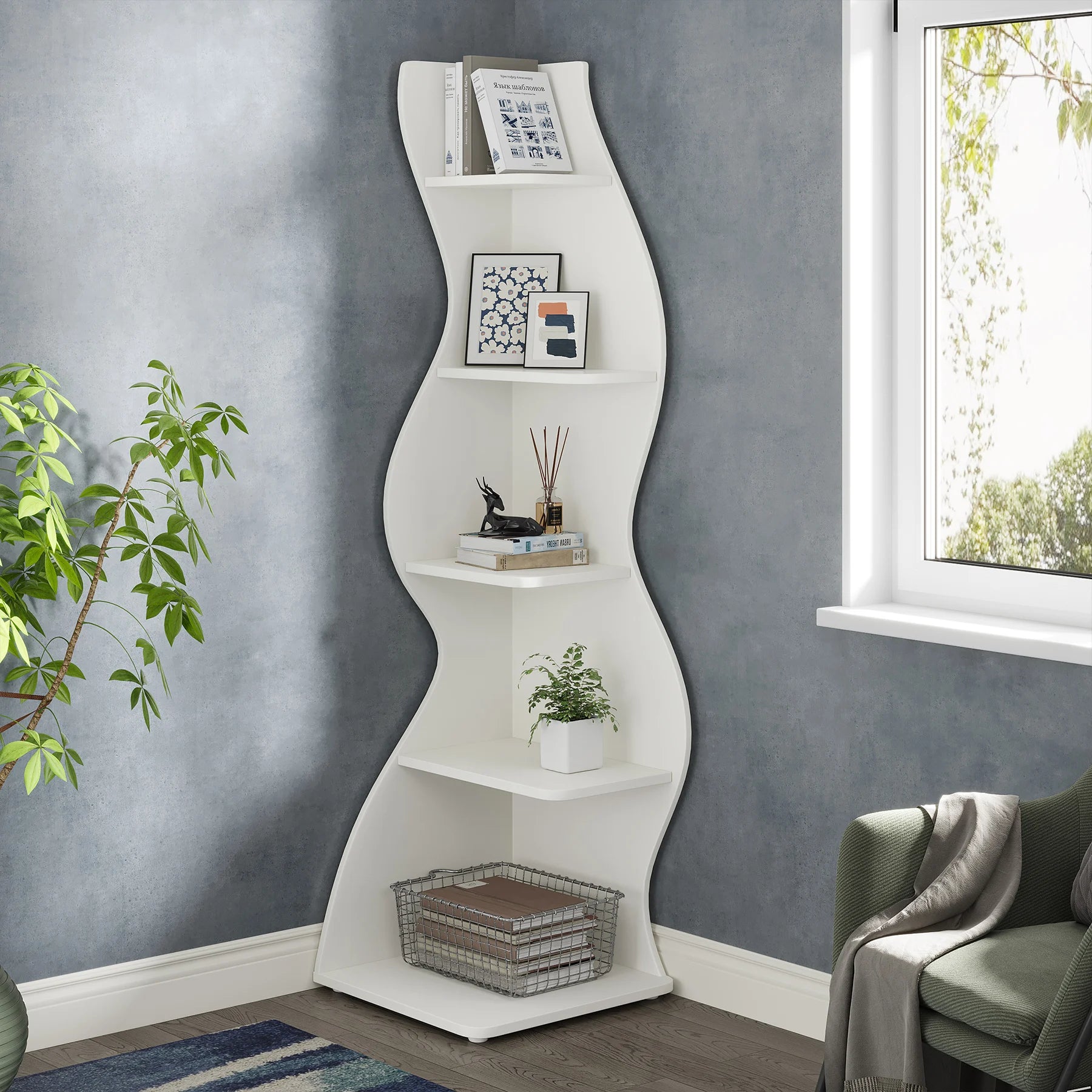 Five Tier Wavy Corner Bookshelf