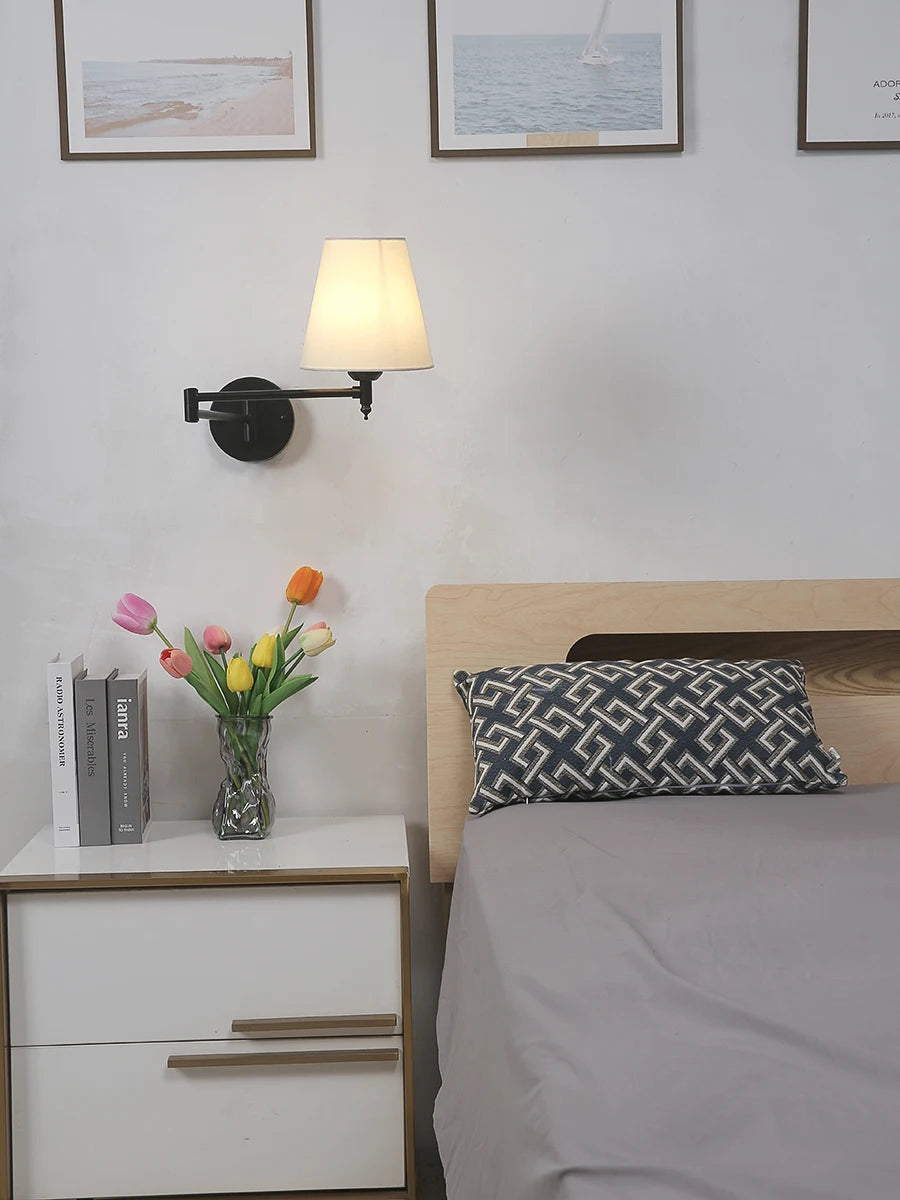 LED American Wall Lamp Folding Swing Arm Fabric wall light Bedroom Bedside Living Room Study StairwayMirror front wall lamp