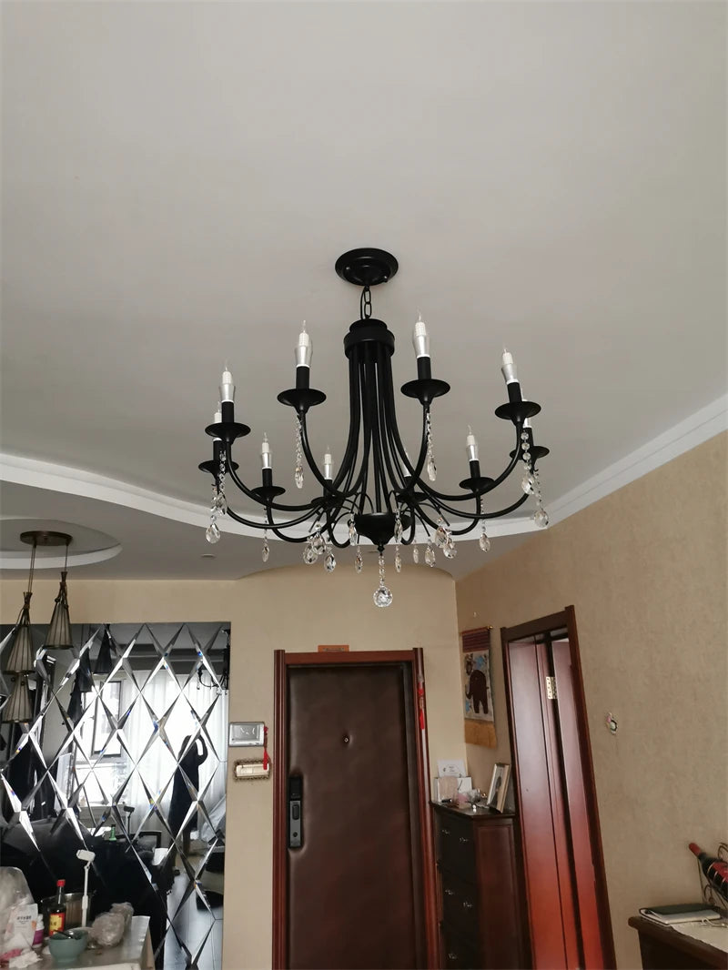 New Wrought Iron Crystal Chandelier European Classic Black Candle Lamp
