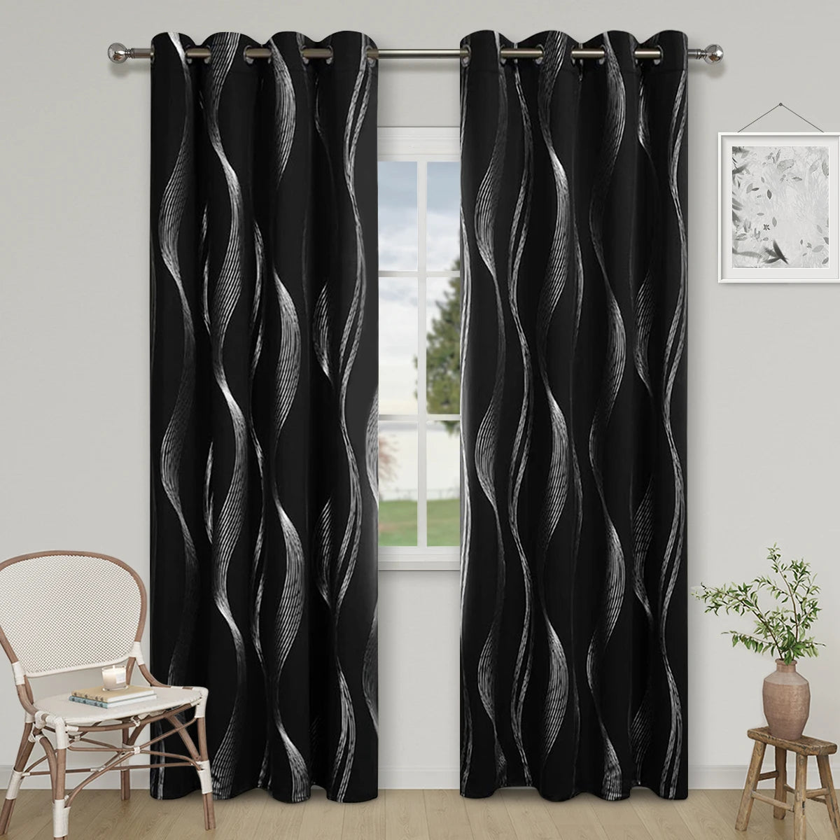 1pc High Precision Silver Embossed Wave Pattern Blackout Curtains