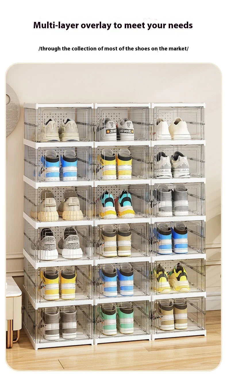 Dustproof 1/3/6 Layers Foldable Shoes Box Stackable Transparent Thickened Plastic Bins Sneaker Shoe Organizer Cabinet Organizers