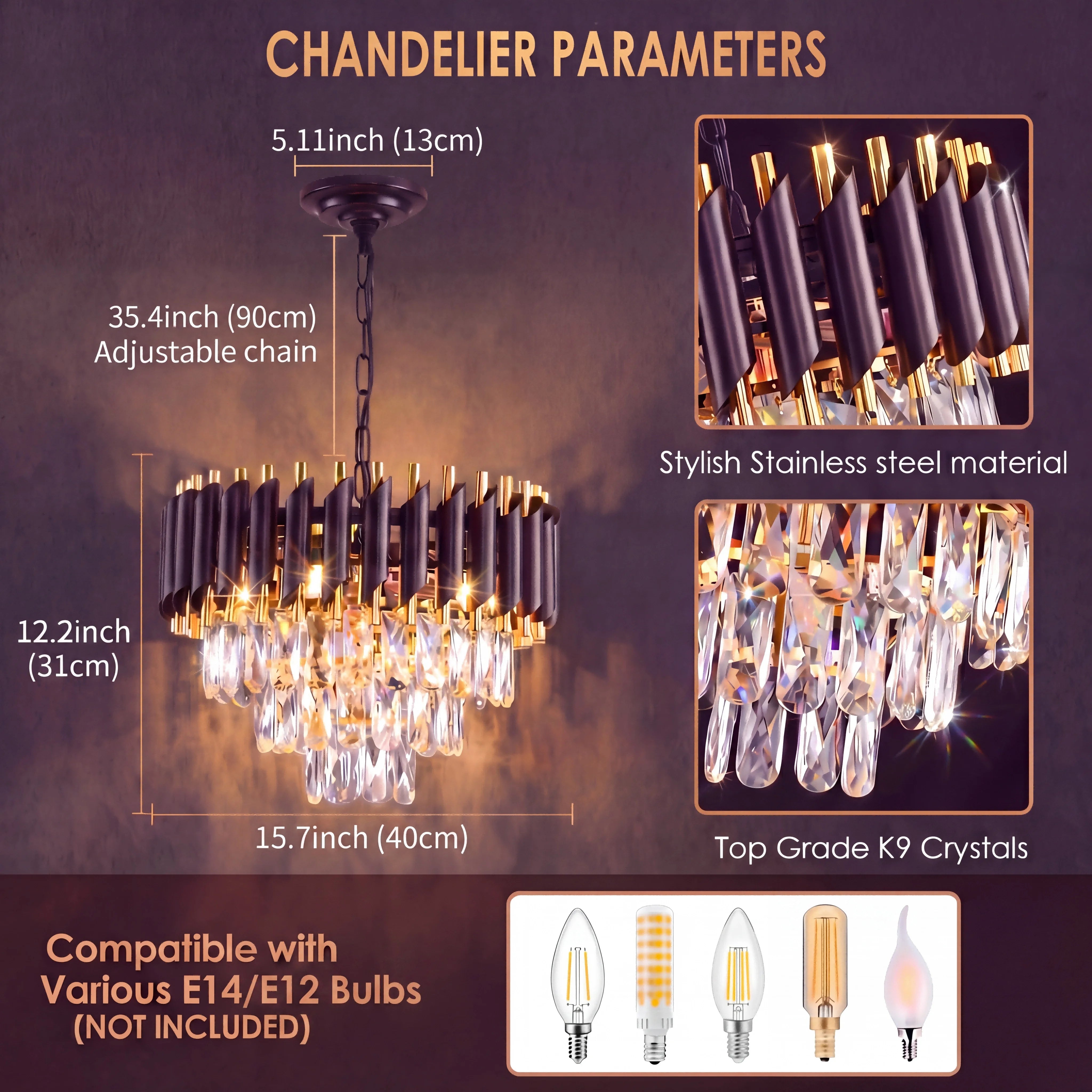 Modern Black and Gold Crystal Chandelier, Adjustable Chain Hanging