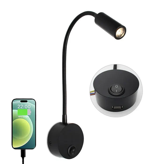 Bronze 3W LED Reading Light Black White Silver Gooseneck Wall Lamp