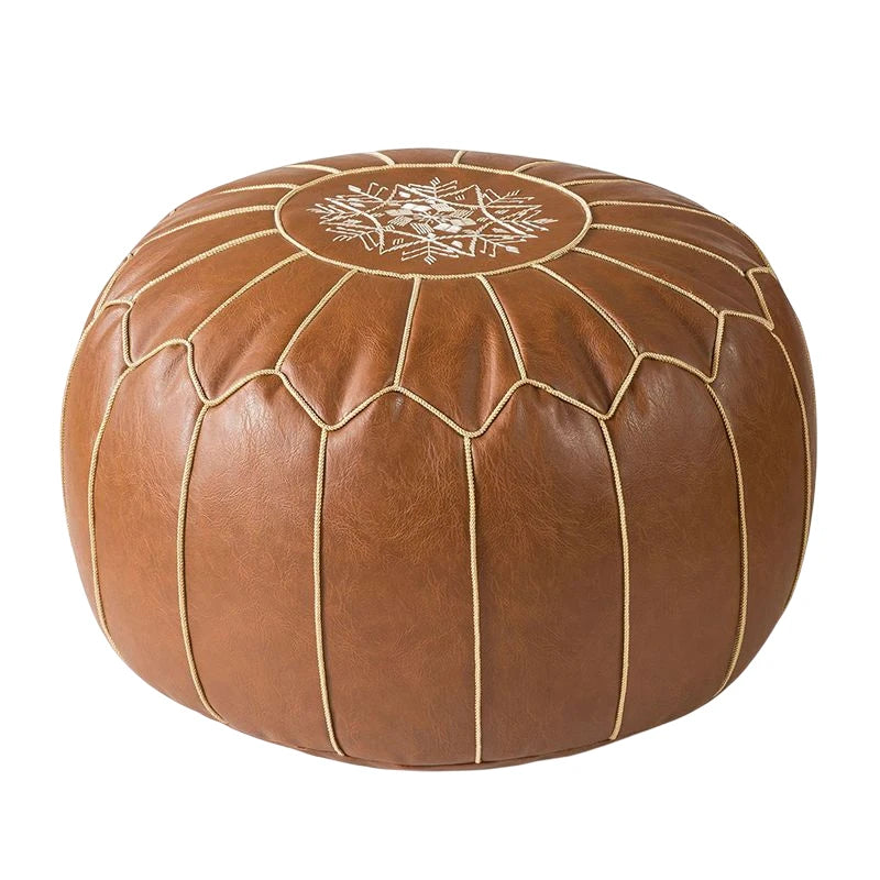 Embroidered Moroccan Leather Pouf Cover