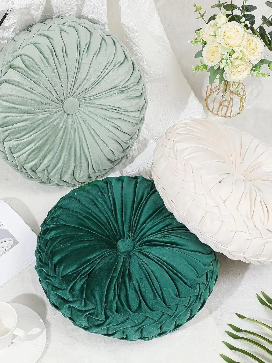 Round Throw Pillows Decorative Velvet Pleated Throw Pillows 15'' Diameter Accent Pumpkin Boho Chair Cushion for Couch Sofa Chair