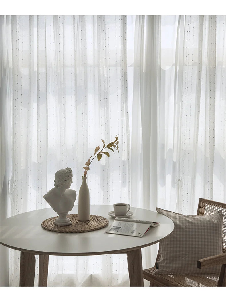 White Jacquard Window Screens Stripe Embroidered Curtains Tulle
