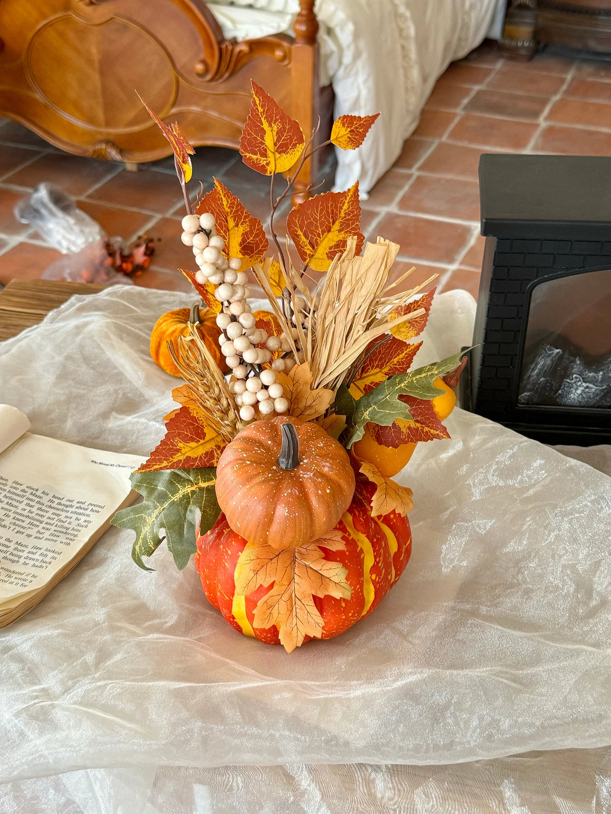 Artificial Pumpkin and Maple Leaf Ornament