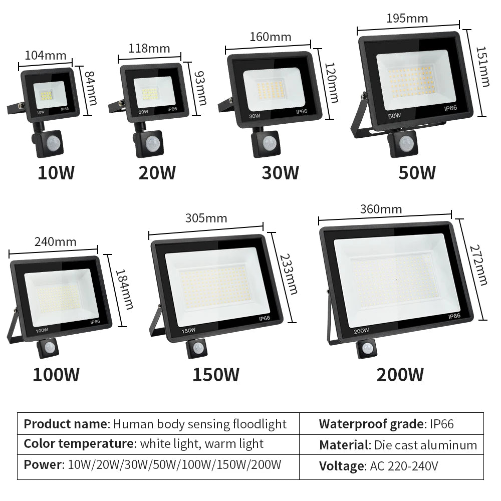LED PIR Motion Sensor Floodlight Outdoor Wall Light White Light 100W