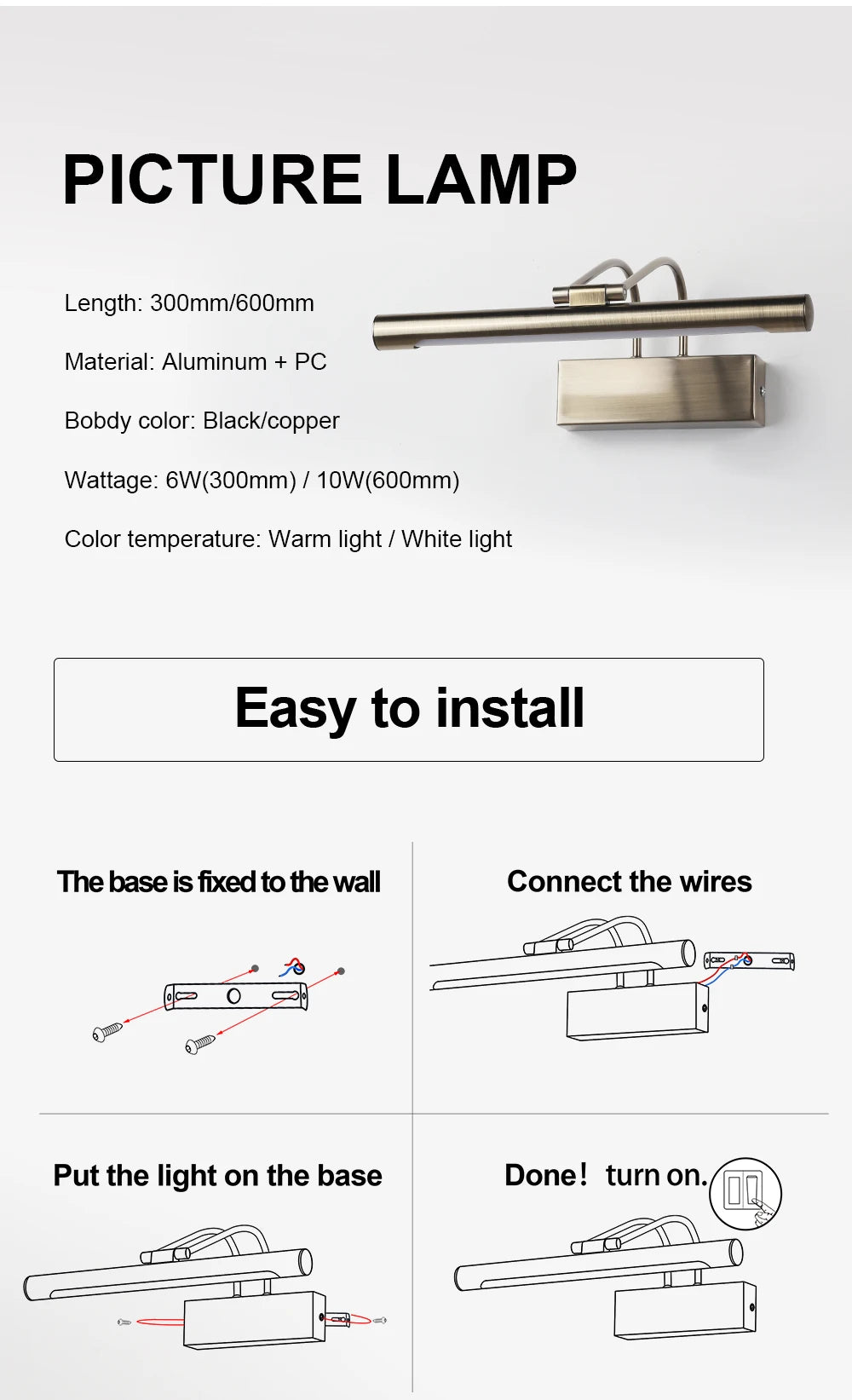 Led Bathroom Wall Light Black Copper AC85-265V Interior Wall Lamp