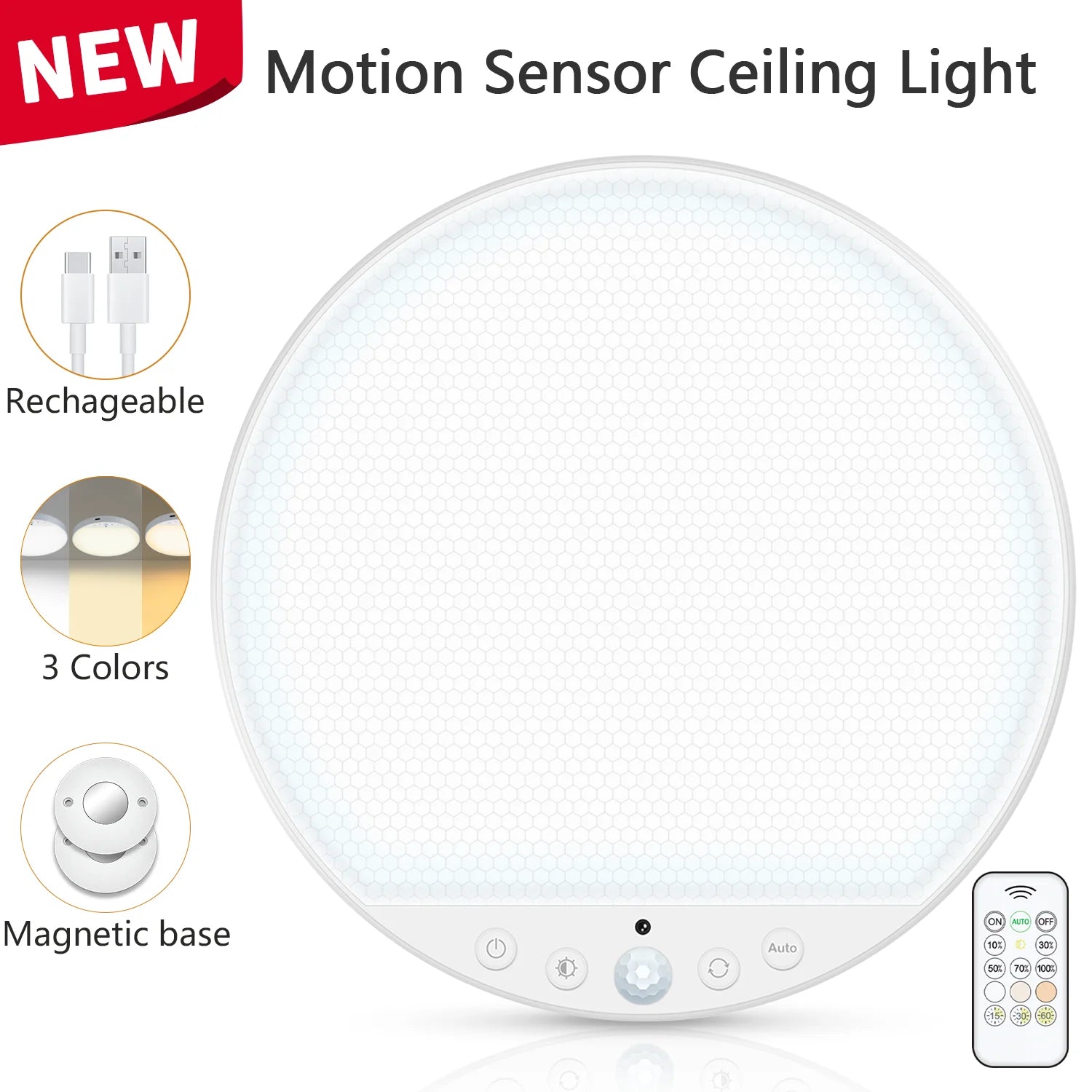 8W Rechargeable Motion Sensor Ceiling Light with Remote 5000mAh battery